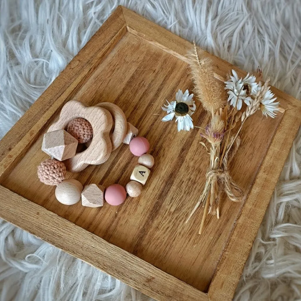 Online Anneau de dentition fleur sable et vieux rose (personnalisable) Jouet / Anneau De Dentition