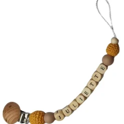 Tata Lucette Attache sucette en bois beige et moutarde (personnalisable)