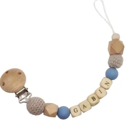 Tata Lucette Attache sucette en bois gris et bleuet (personnalisable)