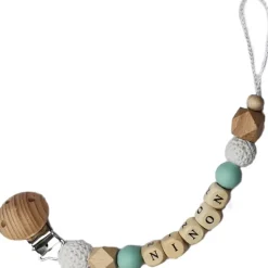 Tata Lucette Attache sucette en bois mint et blanc (personnalisable)