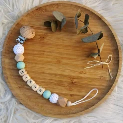 Tata Lucette Attache sucette en bois mint et blanc (personnalisable)