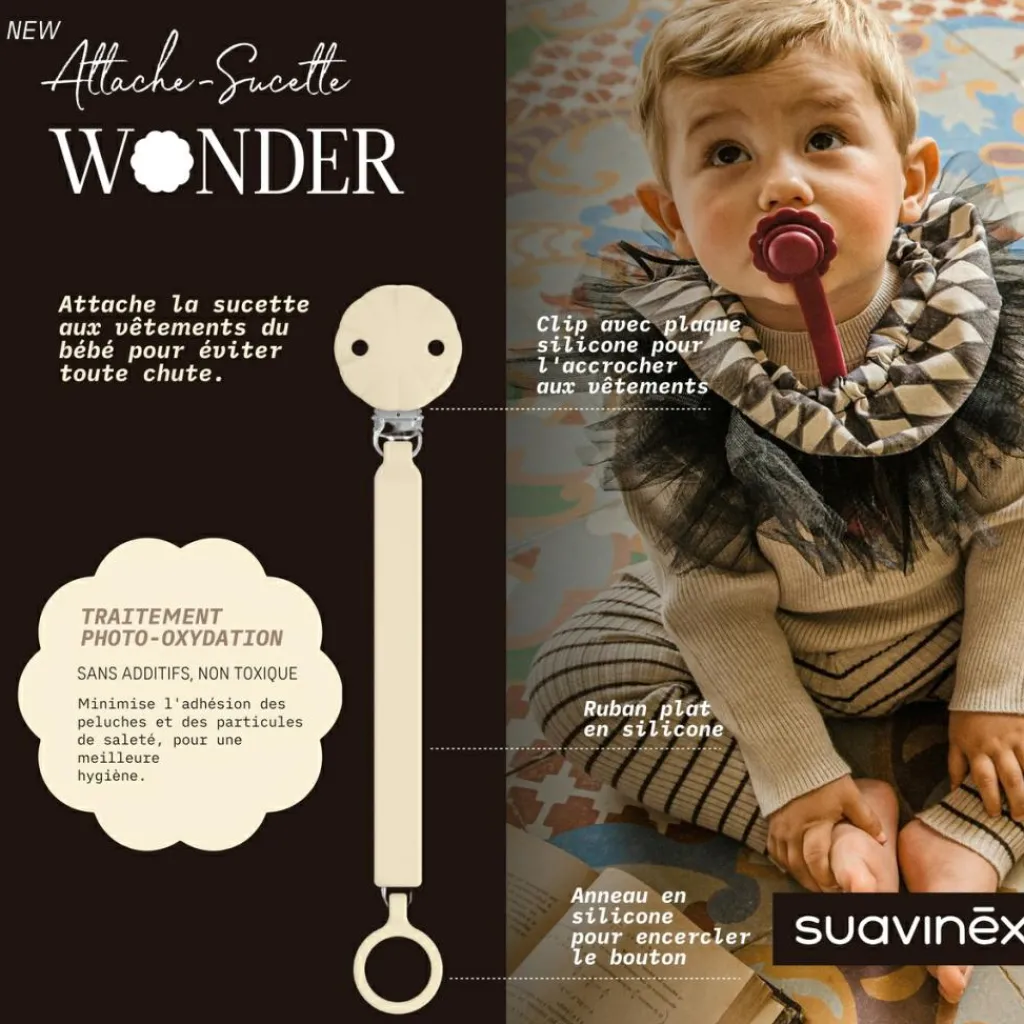Suavinex Attache sucette en silicone Wonder Whitecap Gray