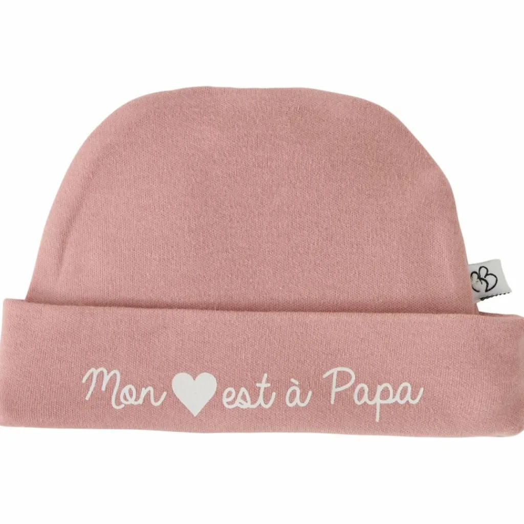 Discount Bonnet de naissance doublé pur coton Mon cœur est à Papa rose thé Bonnet / Moufles Naissance