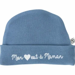 BB & Co Bonnet de naissance doublé pur coton Mon cœur est à Maman pierre bleue