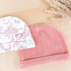 Tartine et Chocolat Bonnet de naissance en coton blanc Toile de Jouy