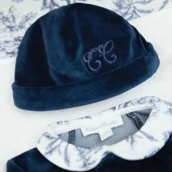 Tartine et Chocolat Bonnet de naissance Toile de Jouy bleu