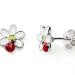 Enfant Baby bijoux Boucles d'oreilles Coccinelle sur fleur (argent)