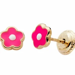 Enfant Baby bijoux Boucles d'oreilles Fleur laquée Fushia-Blanc (or jaune 375°)