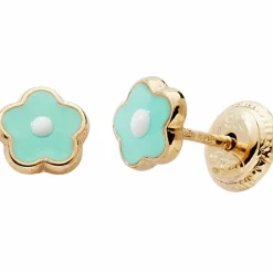 Enfant Baby bijoux Boucles d'oreilles Fleur laquée Bleu-Blanc (or jaune 375°)
