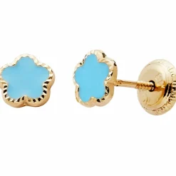 Enfant Baby bijoux Boucles d'oreilles Fleur laquée Bleue (or jaune 375°)