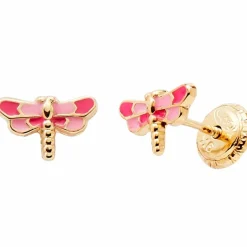 Enfant Baby bijoux Boucles d'oreilles Libellule Rose (or jaune 375°)