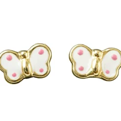 Enfant Daniel Crégut Boucles d'oreilles papillon émaillé blanc à pois rose (or jaune 375°)