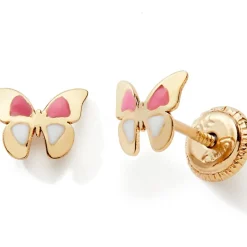 Hot Boucles d'oreilles Papillon laqué rose et blanc (or jaune 9 carats) Enfant Boucles D'Oreilles Enfant