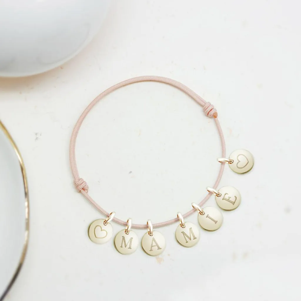 Petits trésors Bracelet cordon 2 charms rond personnalisable (plaqué or)