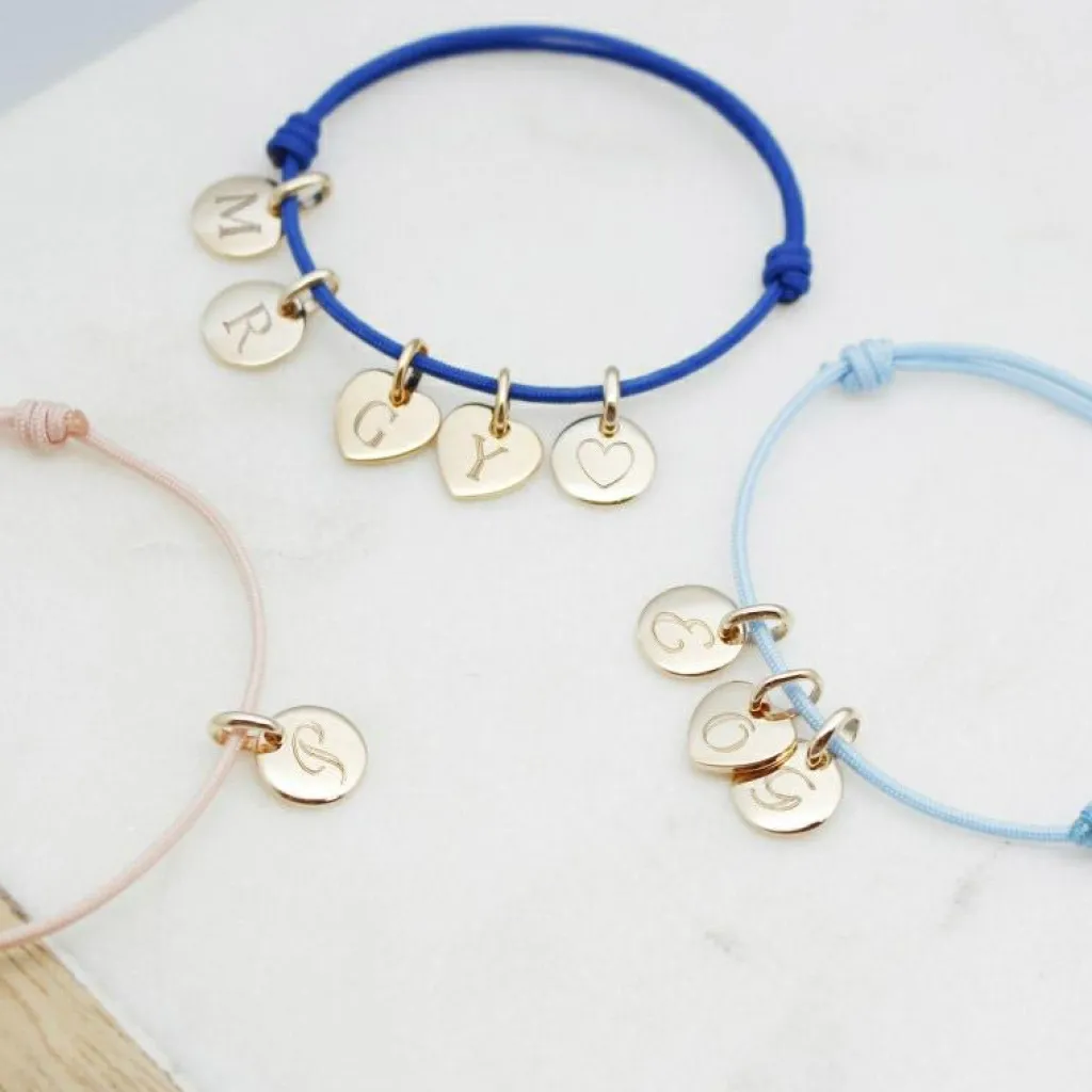Petits trésors Bracelet cordon 3 charms rond personnalisable (plaqué or)