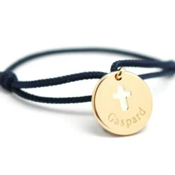 New Bracelet cordon Croix ivoire plaqué or (personnalisable) Bracelet Religieux