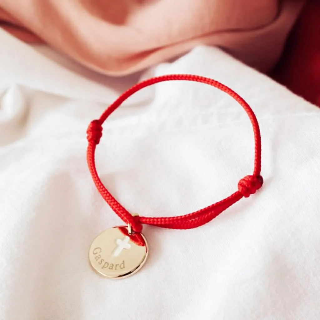 New Bracelet cordon Croix ivoire plaqué or (personnalisable) Bracelet Religieux