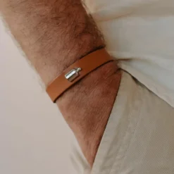 Clearance Bracelet en cuir Camel (argent rhodié) Cadeaux Papa
