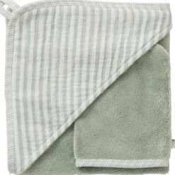 BB & Co Cape de bain + gant éponge bambou et gaze rayé vert de gris
