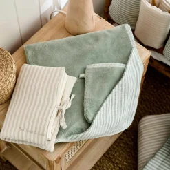 Sale Cape de bain + gant éponge bambou et gaze rayé vert de gris - Reconditionné Cape De Bain