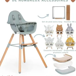 Childhome Chaise haute en bois naturel Evolu 2 menthe + arceau