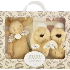 Doudou et Compagnie Coffret Chaussons et Doudou Beige Lapin Doudou