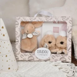 Doudou et Compagnie Coffret Chaussons et Doudou Beige Lapin Doudou