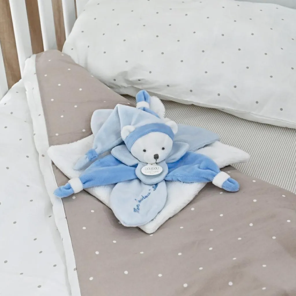 Doudou et Compagnie Coffret doudou pétale J'aime mon doudou ours bleu (24 cm)