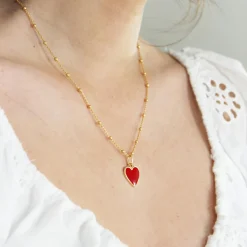 Petits trésors Collier Cœur rouge chaîne perlée personnalisable (plaqué or)