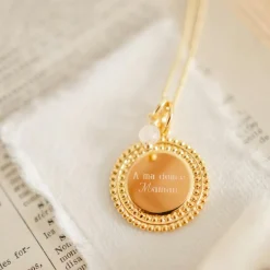 Outlet Collier médaille Sun pierre fine personnalisable (or jaune 18 carats) Collier Maman