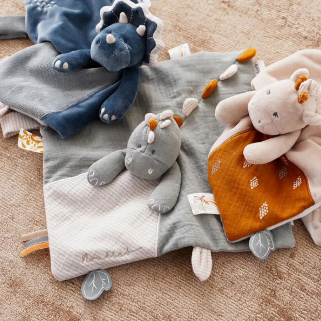 Sale Doudou plat attache sucette Ops le tricératops TSO Doudou Attache Sucette