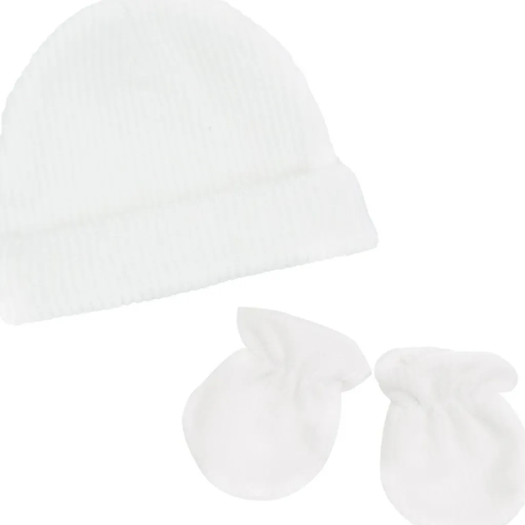 Trois Kilos Sept Ensemble bonnet et moufles de naissance Blanc