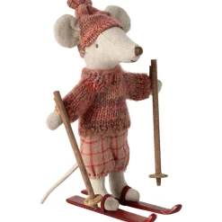 New Grande soeur Souris en hiver sur ses skis Rose Figurines De Jeu