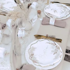 New Lot de 8 assiettes en carton Baptême Pampas, Fleurs de coton et or Assiettes En Carton