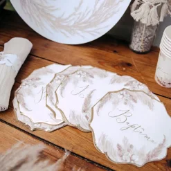 New Lot de 8 assiettes en carton Baptême Pampas, Fleurs de coton et or Assiettes En Carton