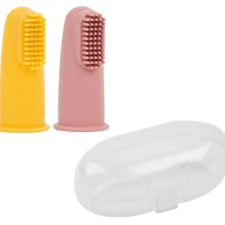 Nattou Lot de 2 brosses à dents à doigt ocre et rose + étui de protection