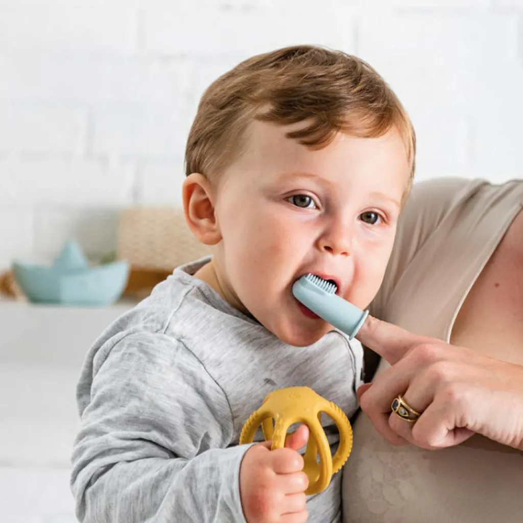 Nattou Lot de 2 brosses à dents à doigt ocre et rose + étui de protection
