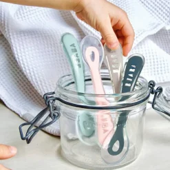 Hot Lot de 4 cuillères en silicone 2e âge bleu, rose et vert d'eau Couverts