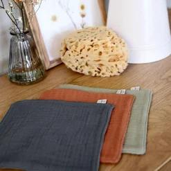 Outlet Lot de 3 débarbouillettes olive-rouille-anthracite Lingette Lavable / Débarbouillette