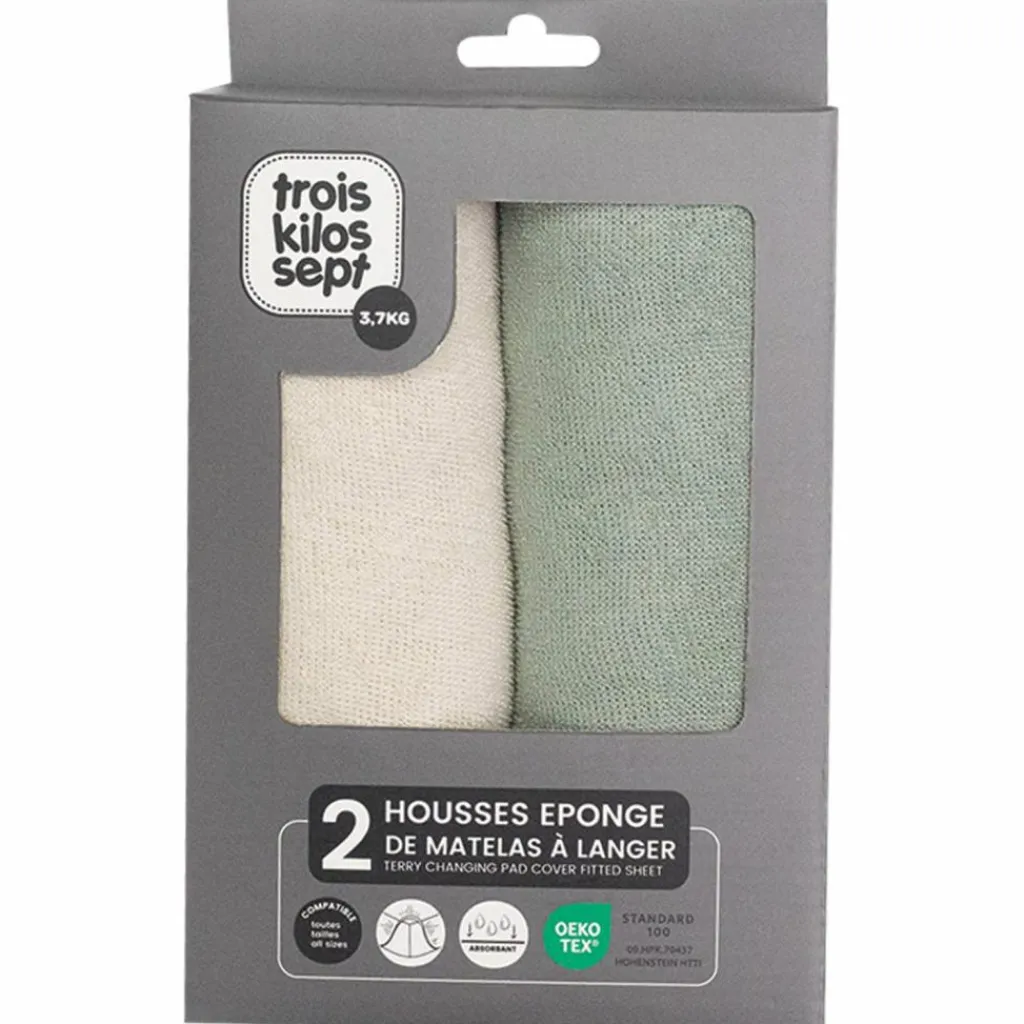 Trois Kilos Sept Lot de 2 housses de matelas à langer Ecru-Olive (70 x 50 cm)