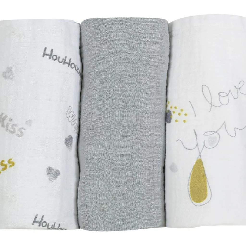 Trois Kilos Sept Lot de 3 langes en mousseline de coton I love you (70 x 70 cm)
