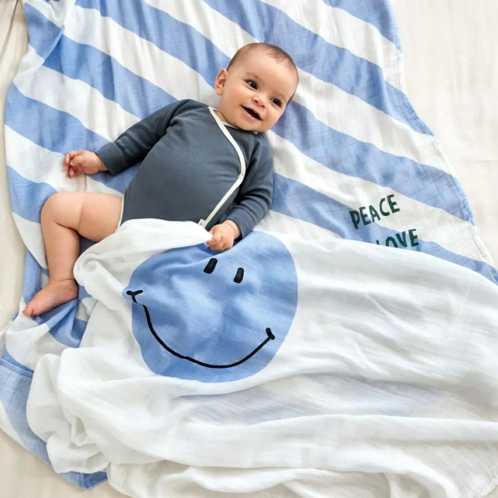 Lot de 2 langes Happy Rascals Smile bleu ciel (120 x 120 cm) Lange