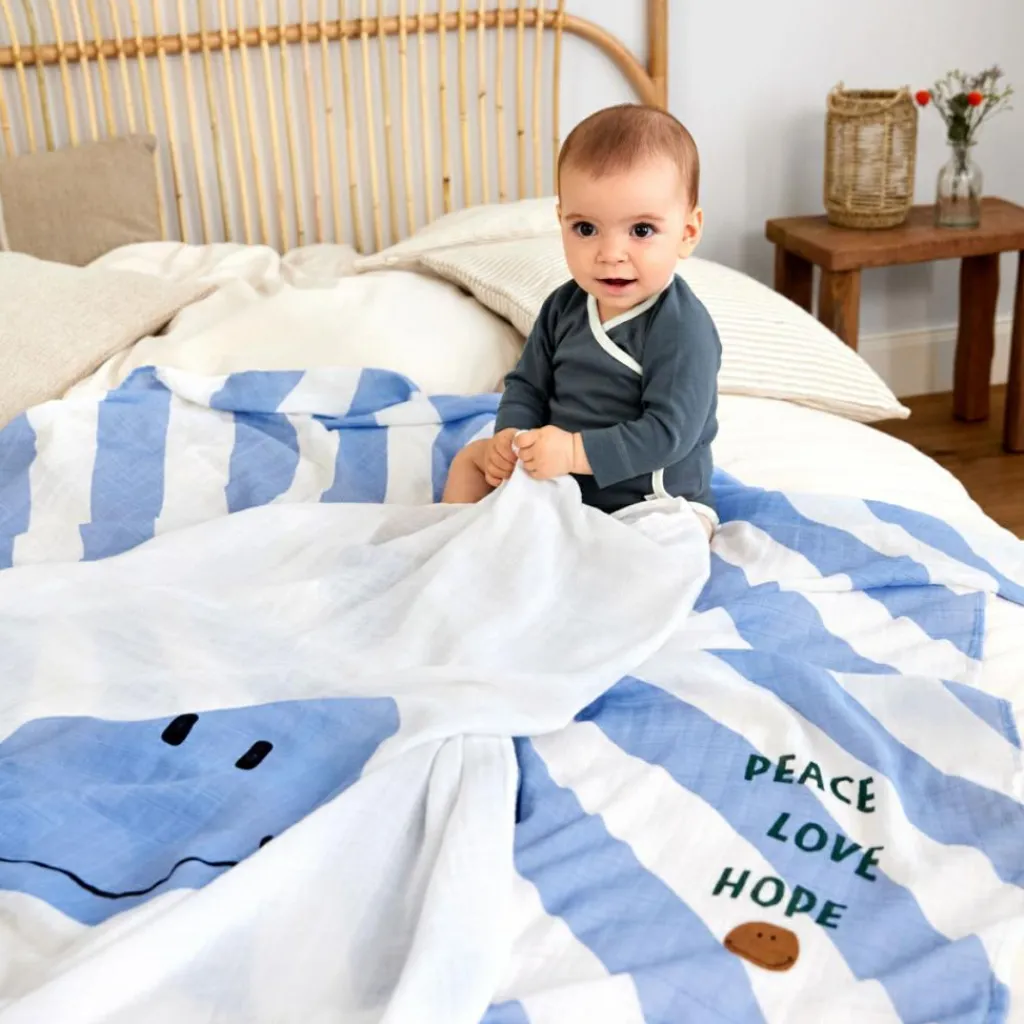 Lot de 2 langes Happy Rascals Smile bleu ciel (120 x 120 cm) Lange