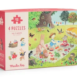 Moulin Roty Lot de 4 mini puzzles des saisons La Grande famille (4 x 12 pièces)