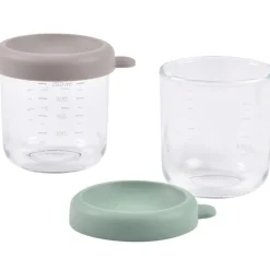 Béaba Lot de 2 pots de conservation en verre gris et vert d'eau