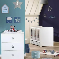 Hot Pack duo lit bébé têtes panneaux blanc et commode à langer étoile New Basic Chambre Complète Bébé