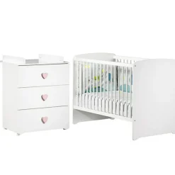 Baby Price Pack duo lit bébé têtes panneaux blanc et commode à langer coeur rose New Basic