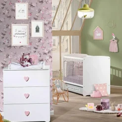 Baby Price Pack duo lit bébé têtes panneaux blanc et commode à langer coeur rose New Basic