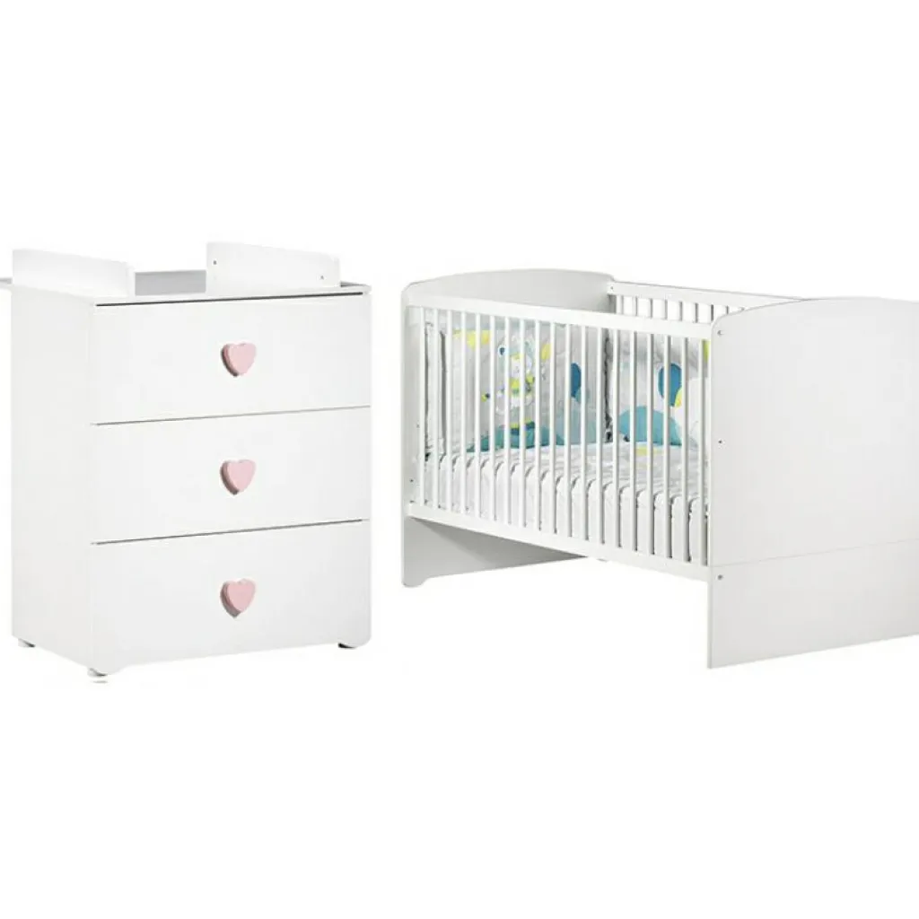 Baby Price Pack duo lit bébé évolutif Little Big Bed blanc et commode à langer coeur rose New Basic