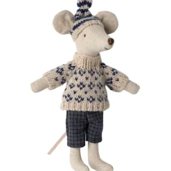 Maileg Papa Souris en hiver et sa paire de skis Bleu